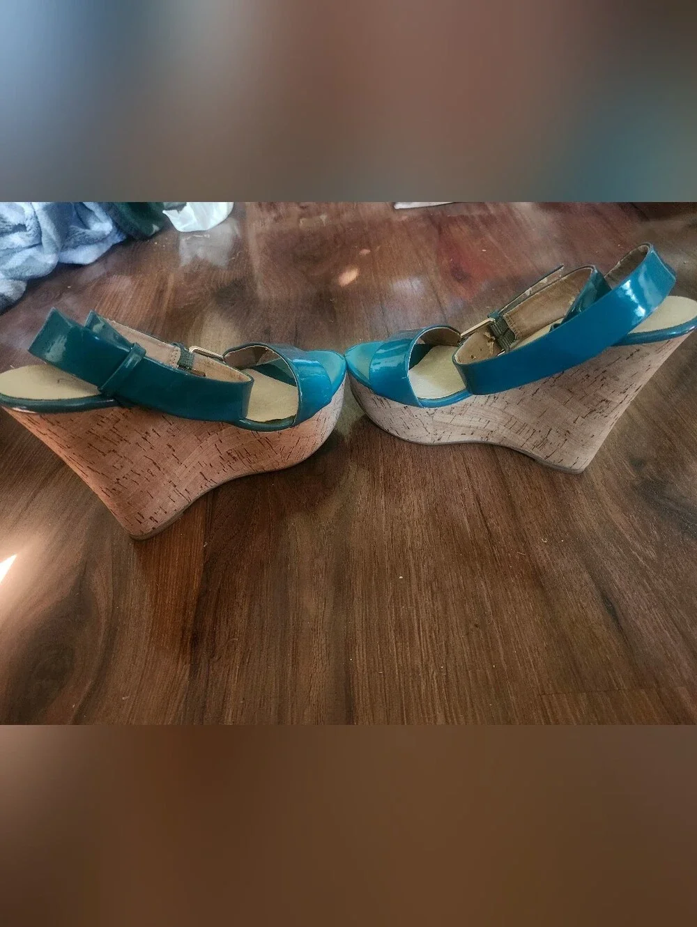 Aldo Teal Open-Toe Ankle Strap Sandals W/ Cork Wedge